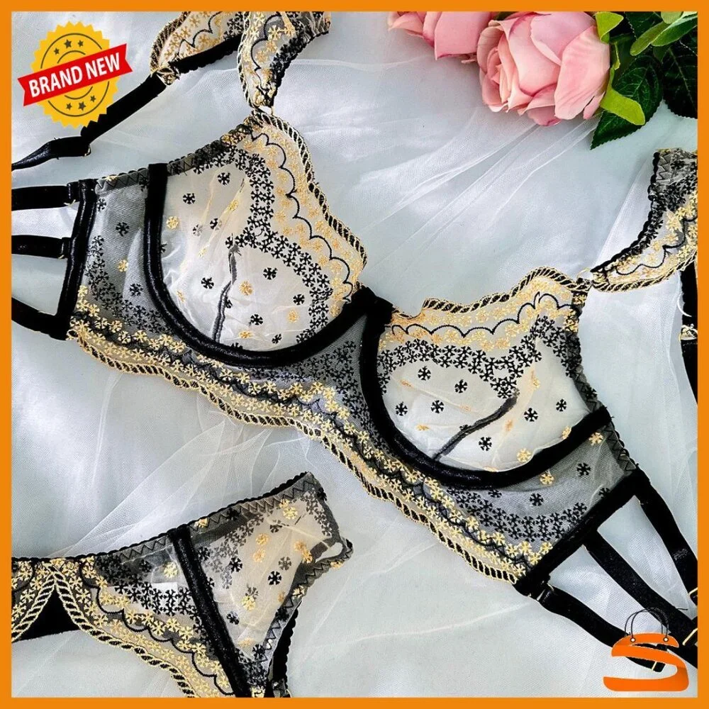 XXL Sheer Mesh Lingerie Set Balconette Bra Garter Belt Thong